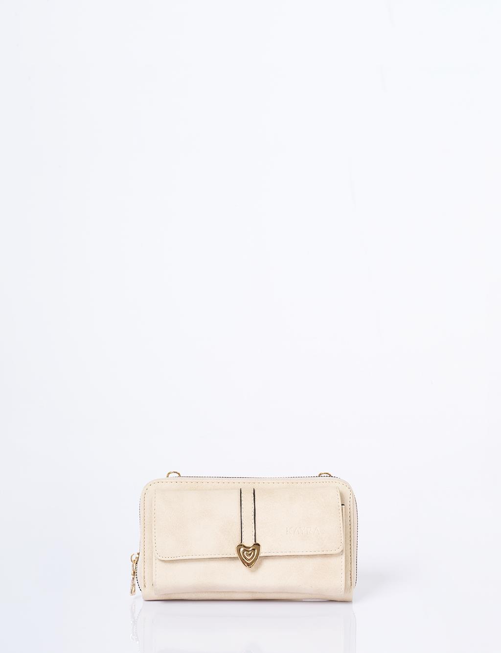 Heart Detailed Crossbody Wallet Bag Cream