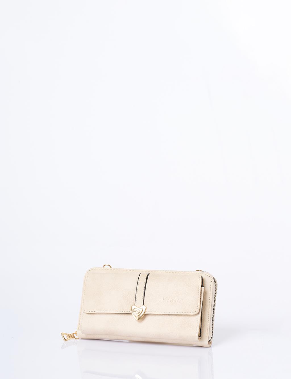 Heart Detailed Crossbody Wallet Bag Cream