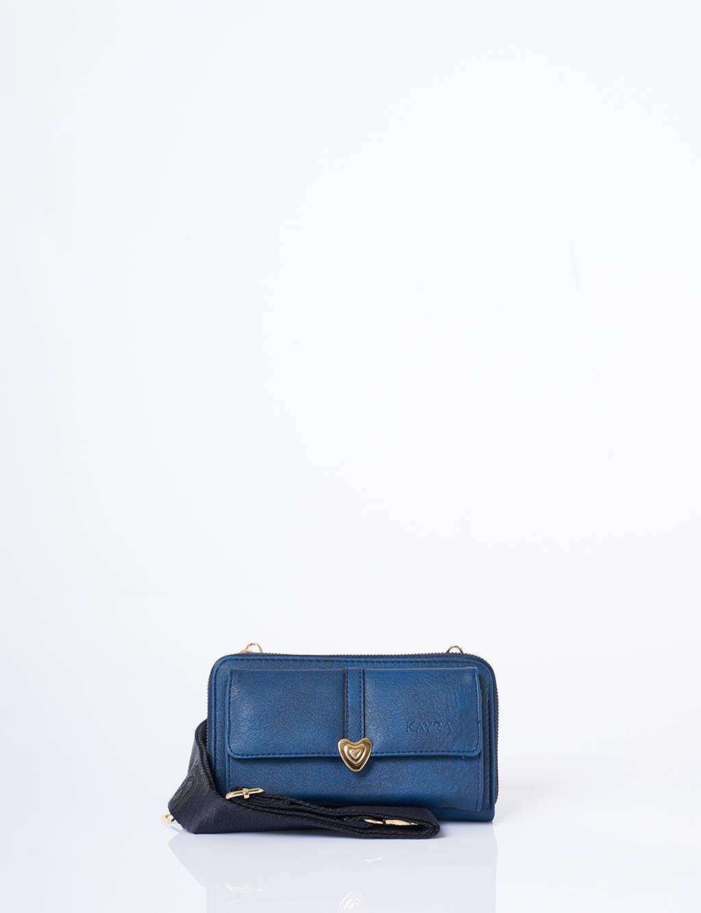 Heart Detailed Crossbody Wallet Bag Navy