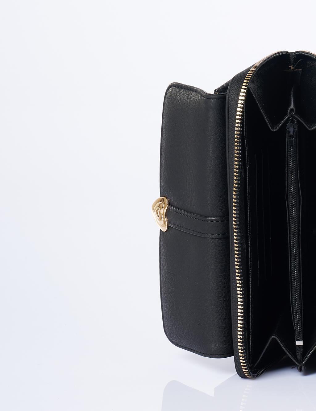Heart Detailed Crossbody Wallet Bag Black
