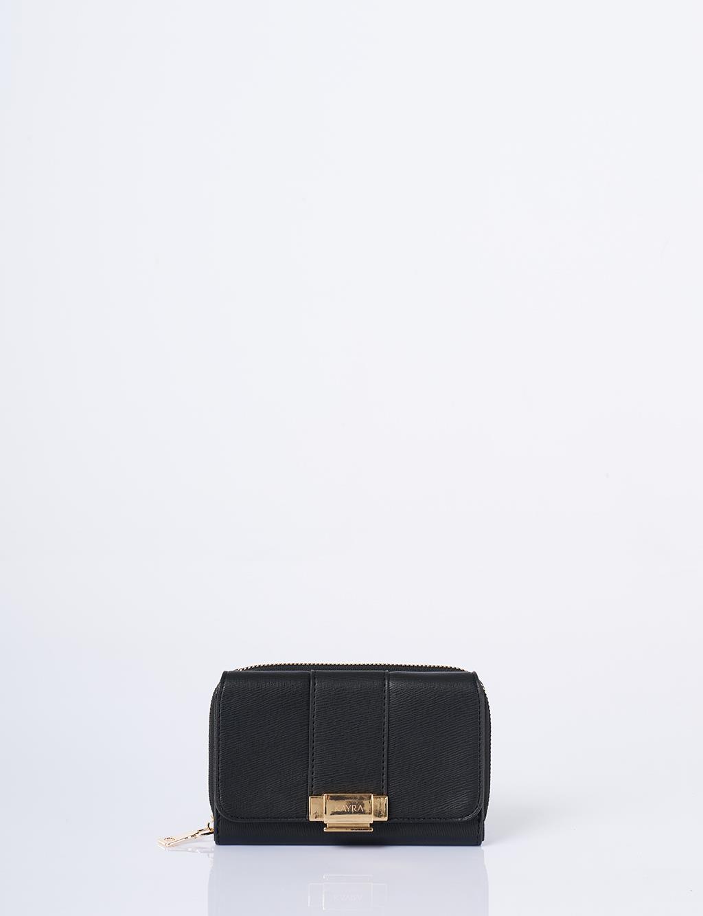 Gold Buckle Zippered Wallet Black
