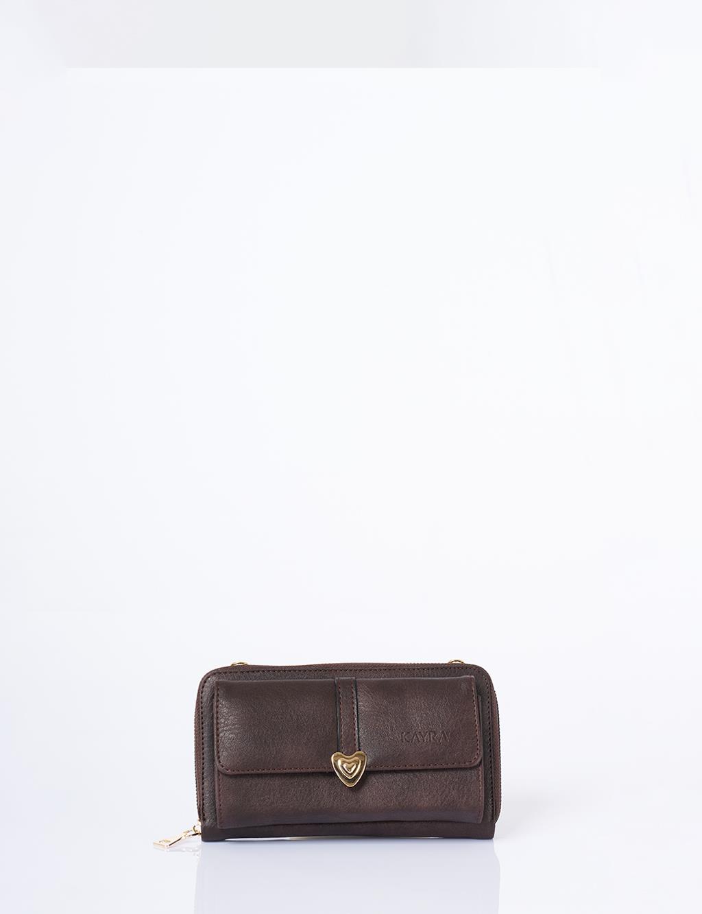Heart Detailed Crossbody Wallet Bag Brown