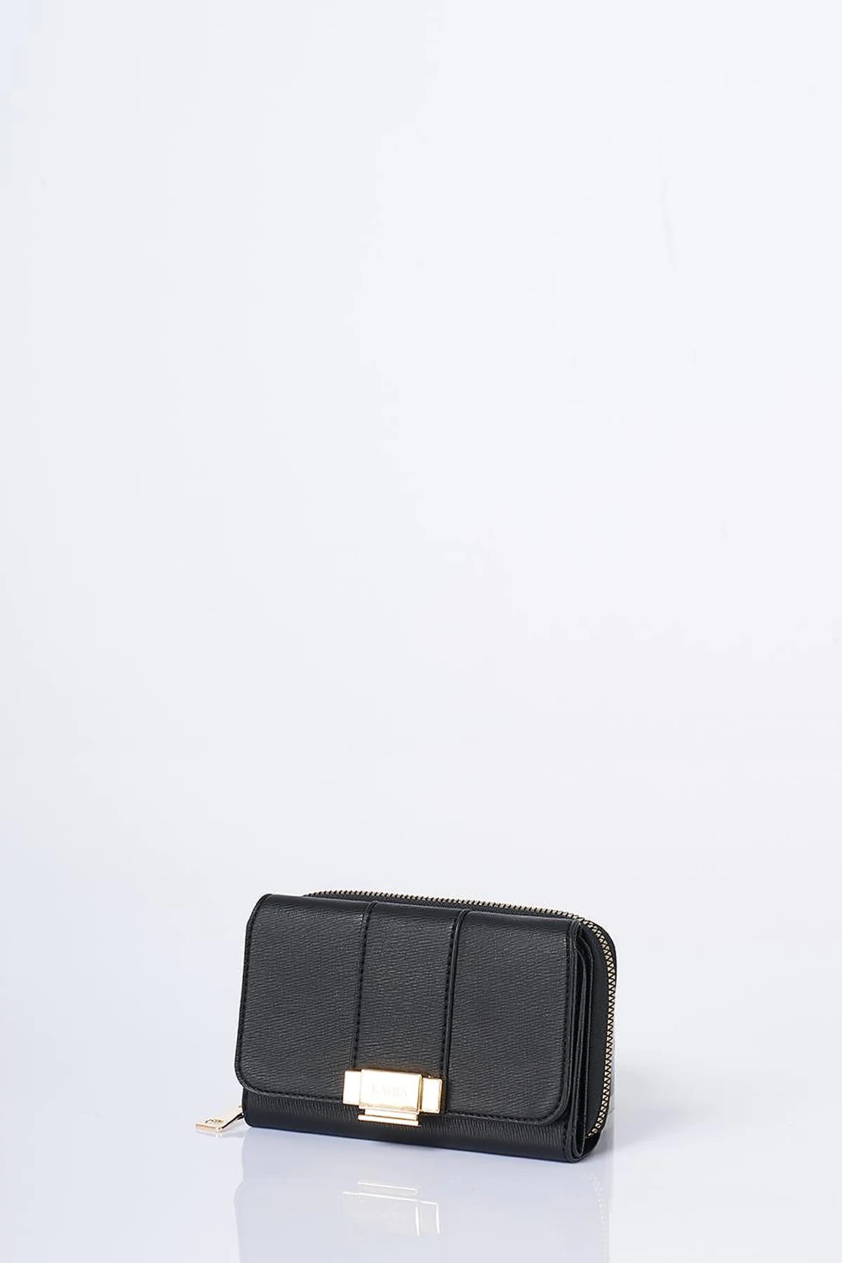 Gold Buckle Zippered Wallet Black