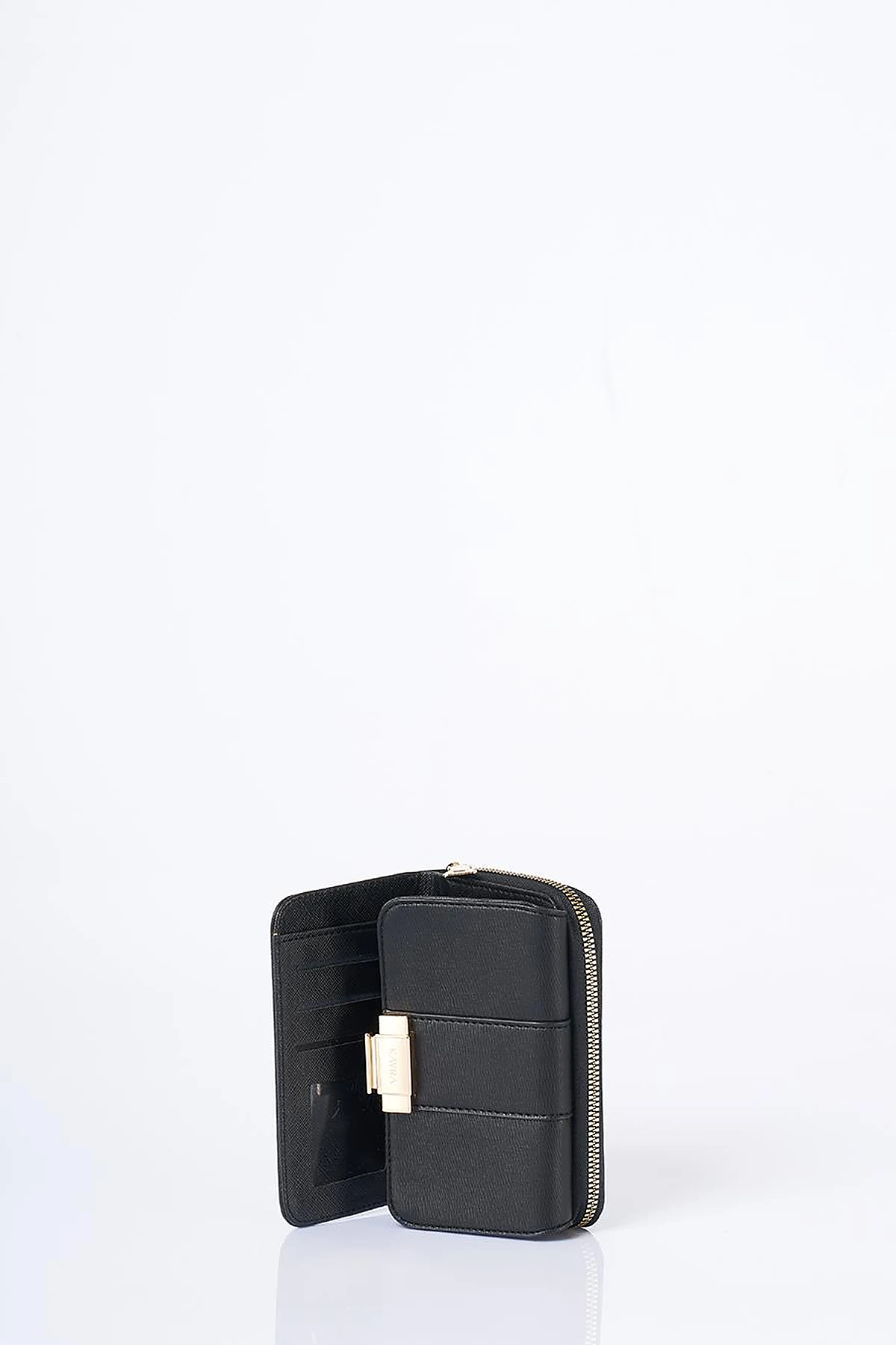 Gold Buckle Zippered Wallet Black