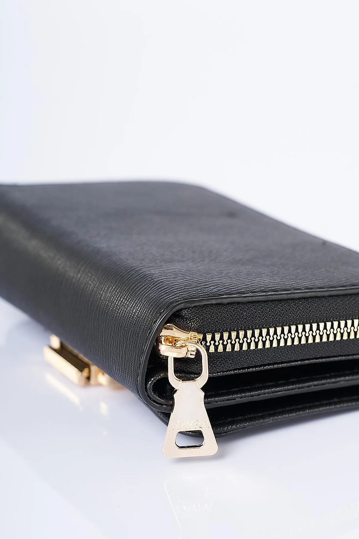 Gold Buckle Zippered Wallet Black