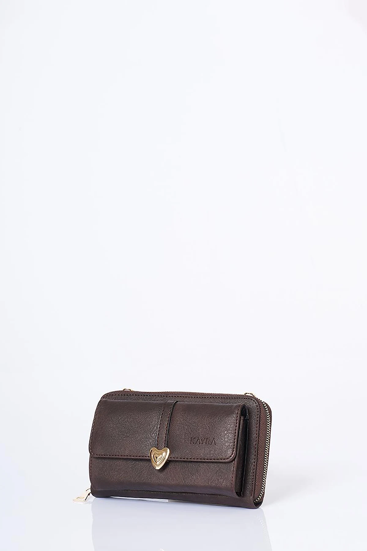 Heart Detailed Crossbody Wallet Bag Brown