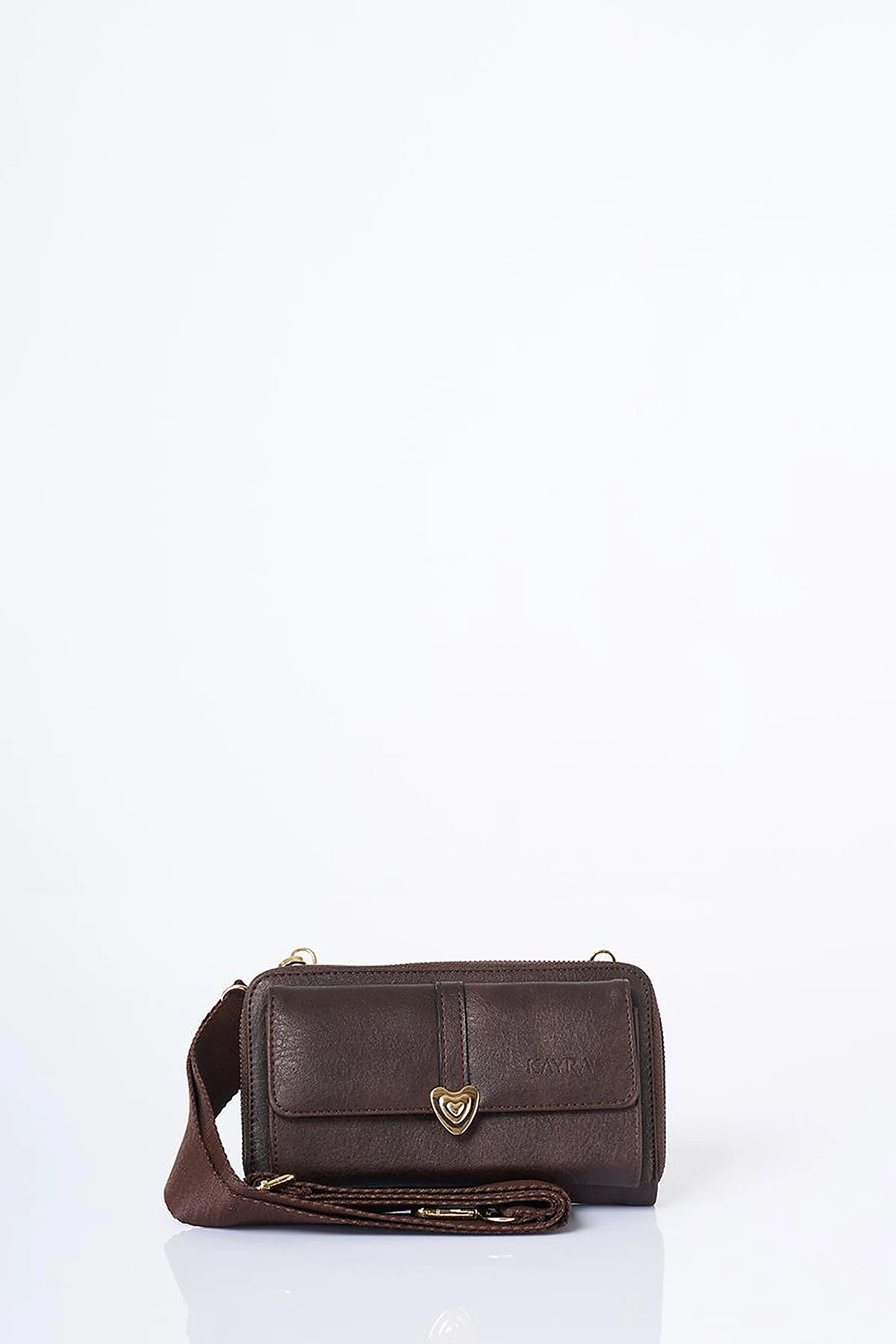 Heart Detailed Crossbody Wallet Bag Brown