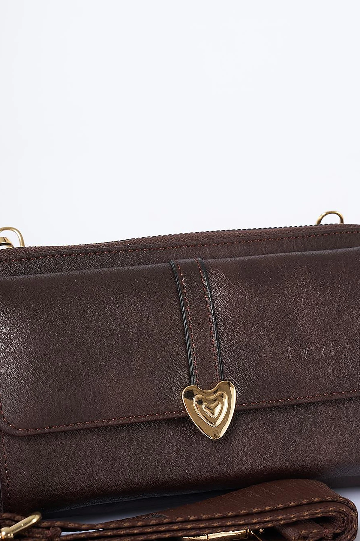 Heart Detailed Crossbody Wallet Bag Brown