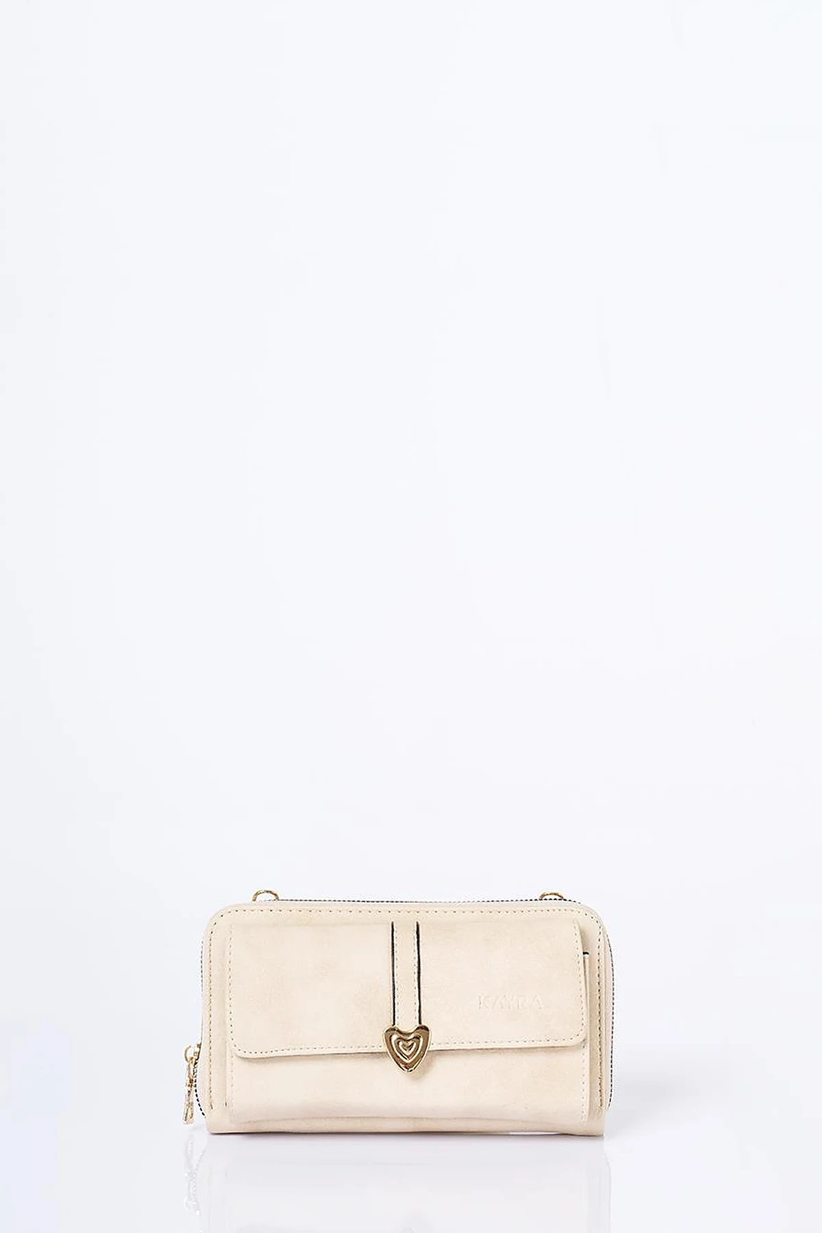 Heart Detailed Crossbody Wallet Bag Cream