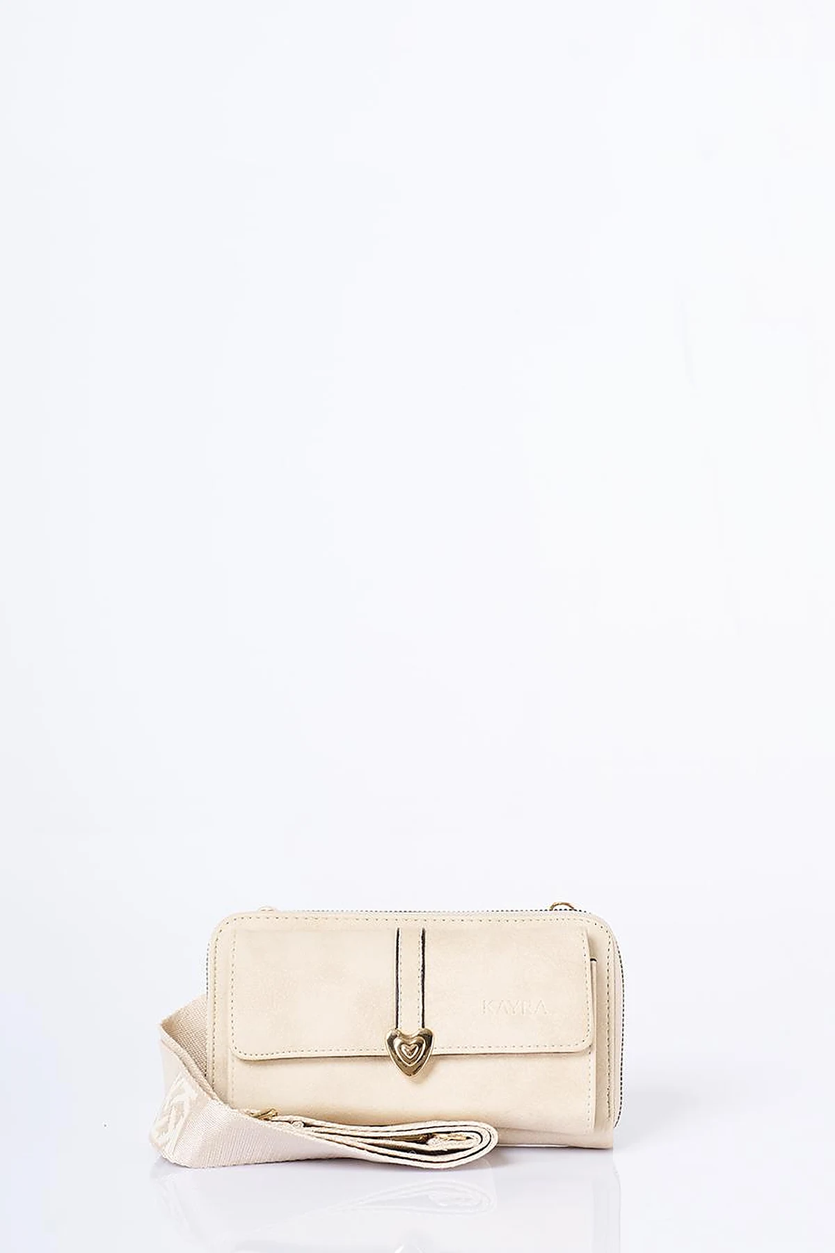 Heart Detailed Crossbody Wallet Bag Cream