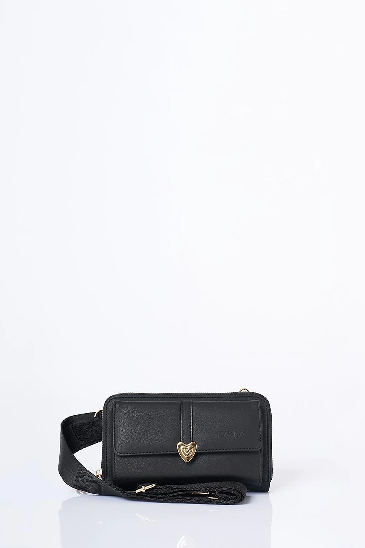 Heart Detailed Crossbody Wallet Bag Black
