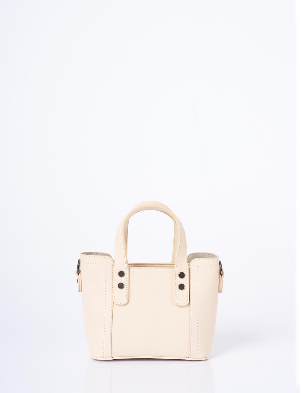 Zincir Omuz Askılı Monogram Logolu Suni Deri Tote Çanta Krem