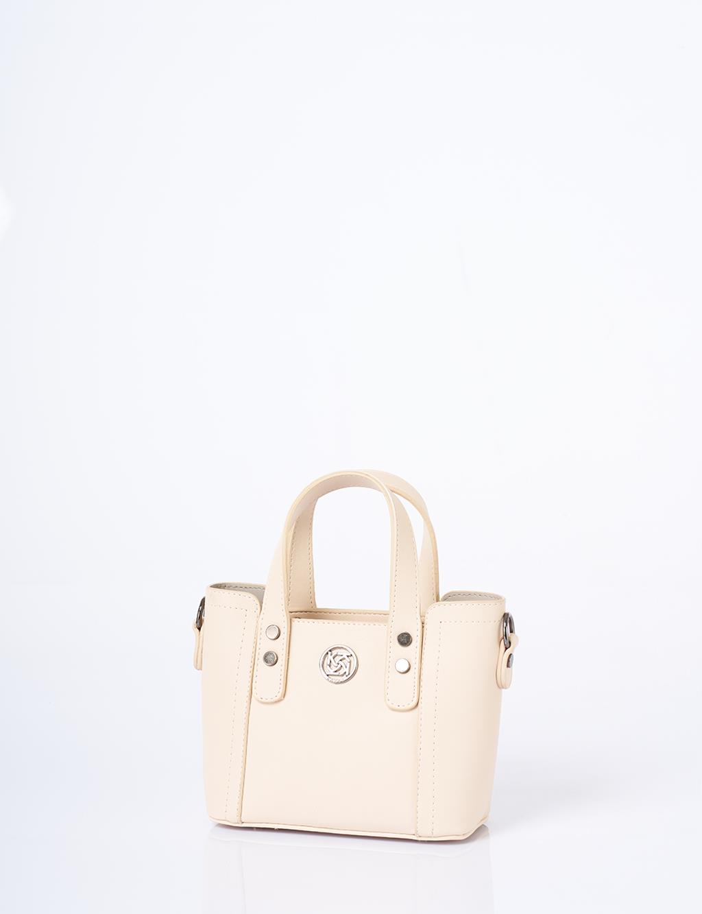 Zincir Omuz Askılı Monogram Logolu Suni Deri Tote Çanta Krem