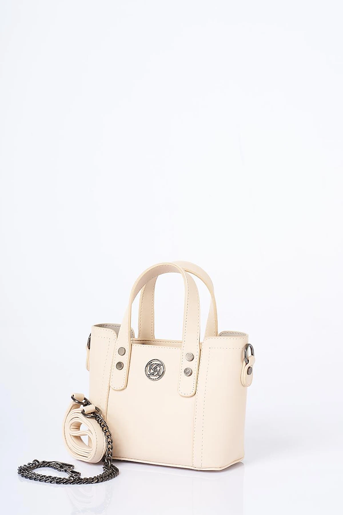 Chain Shoulder Strap Monogram Logo Faux Leather Tote Bag Cream