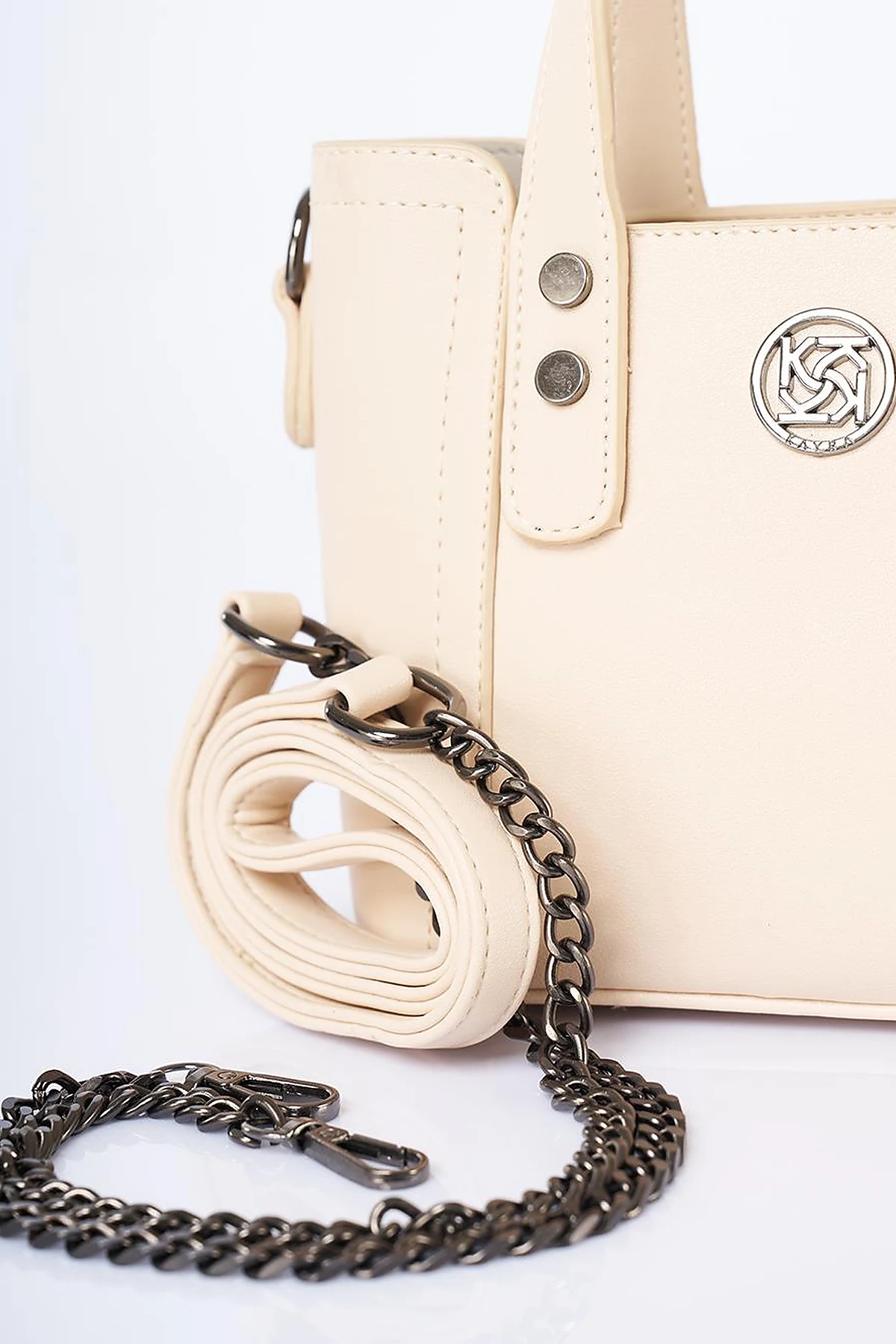 Chain Shoulder Strap Monogram Logo Faux Leather Tote Bag Cream