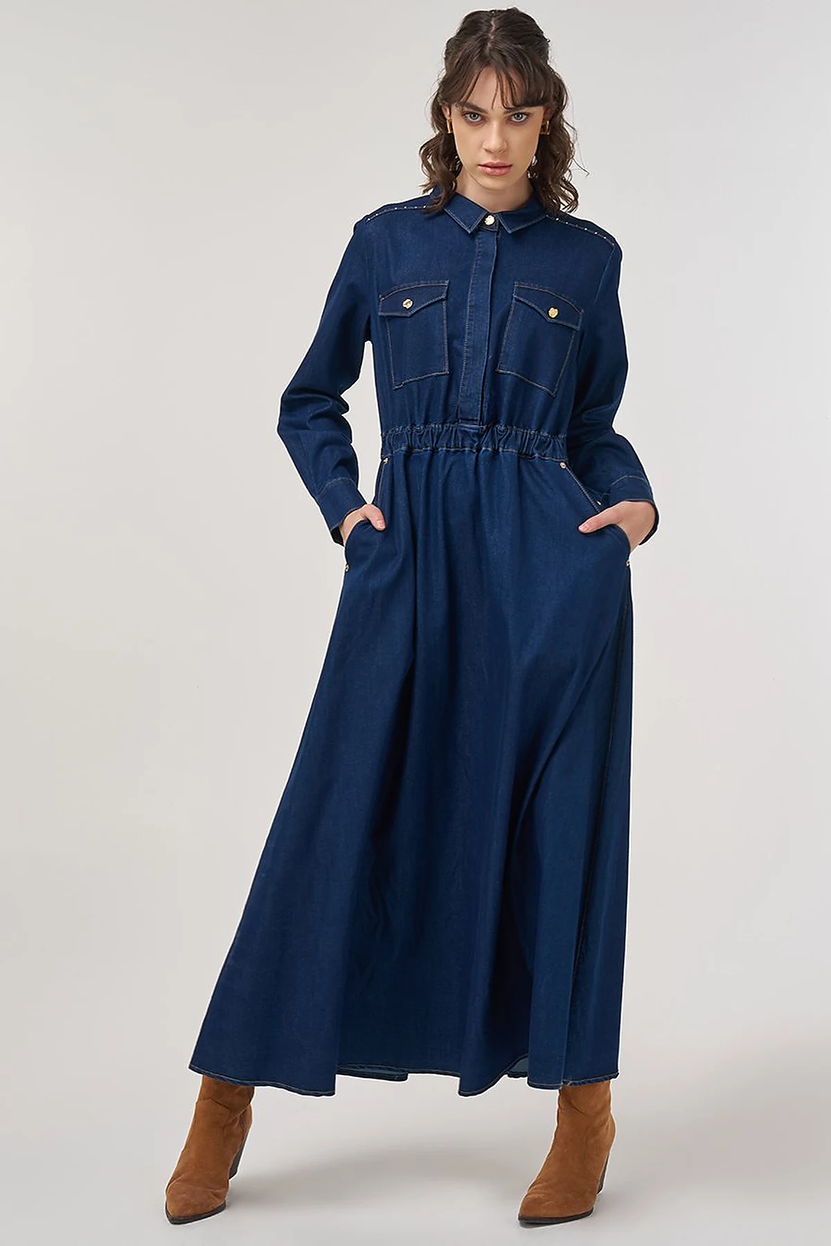 Hotfix Printed Denim Maxi Dress Navy