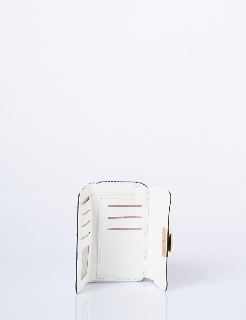 Gold Zippered Wallet with Buckle in Optic White