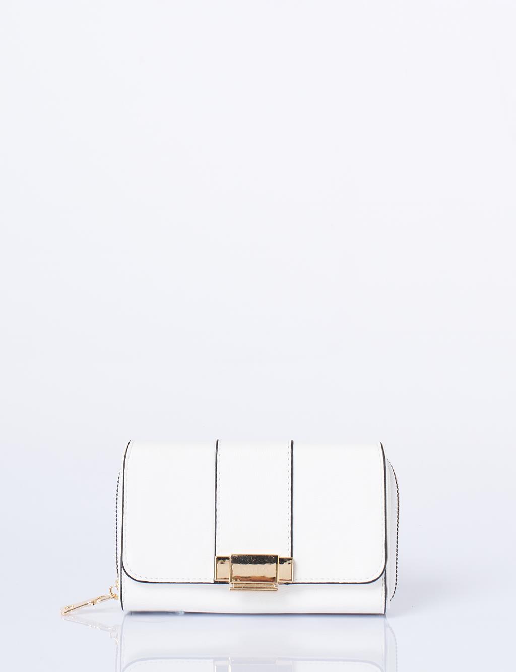 Gold Zippered Wallet with Buckle in Optic White