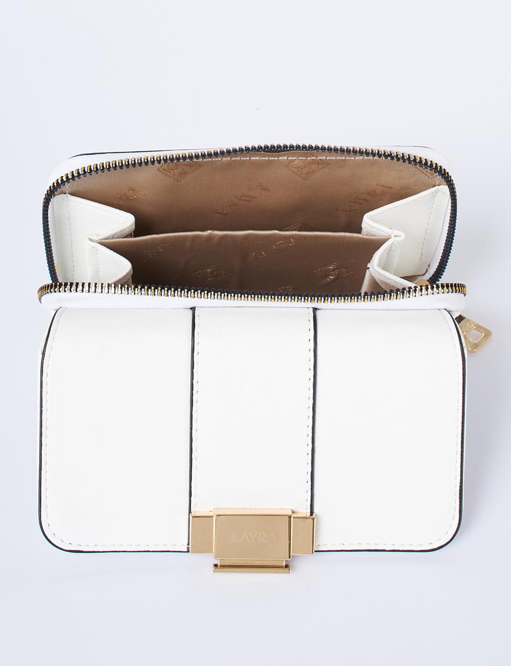 Gold Zippered Wallet with Buckle in Optic White