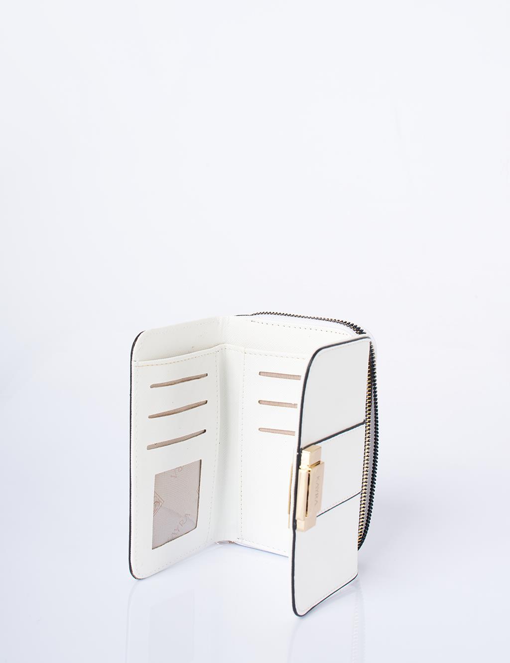 Gold Zippered Wallet with Buckle in Optic White