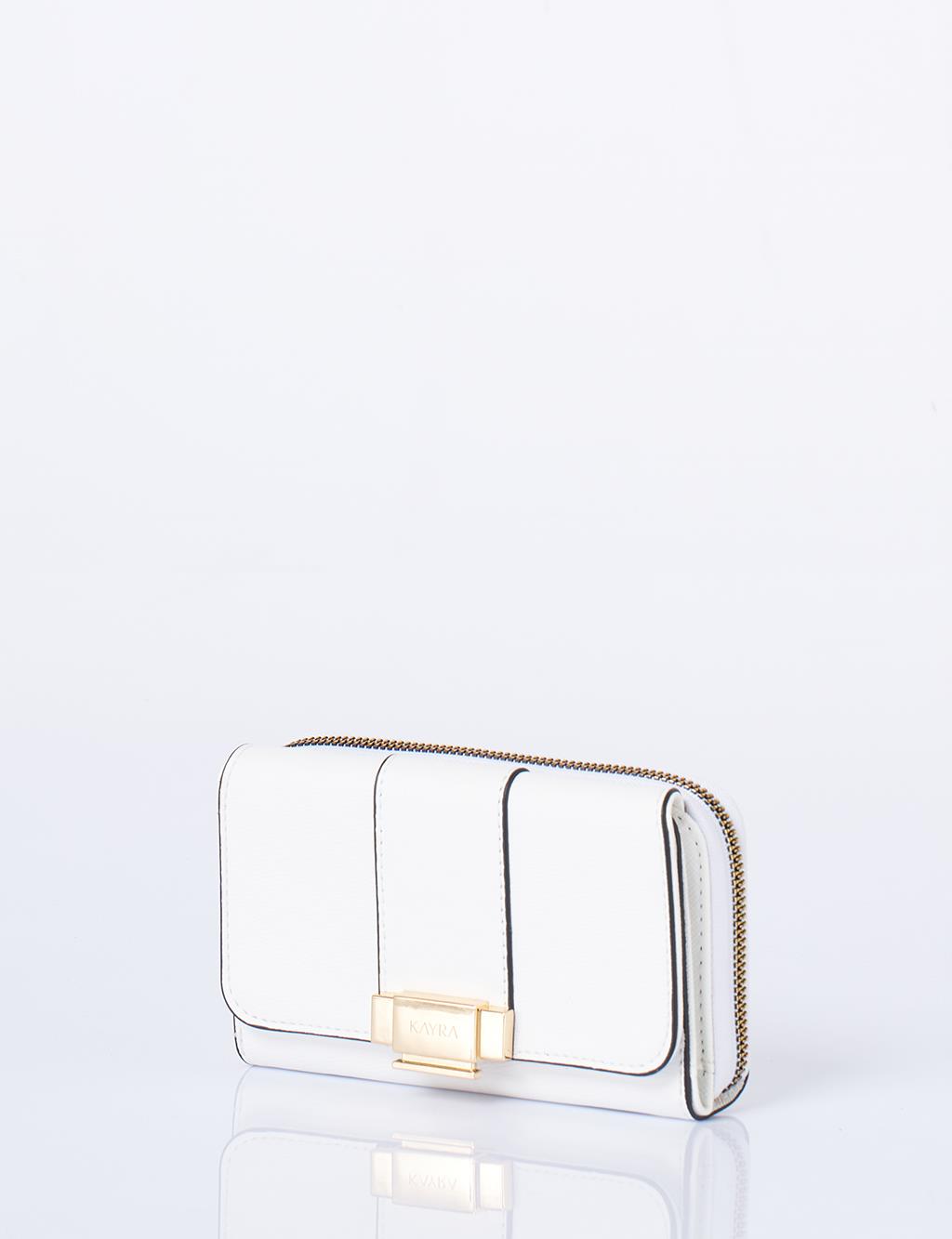 Gold Zippered Wallet with Buckle in Optic White