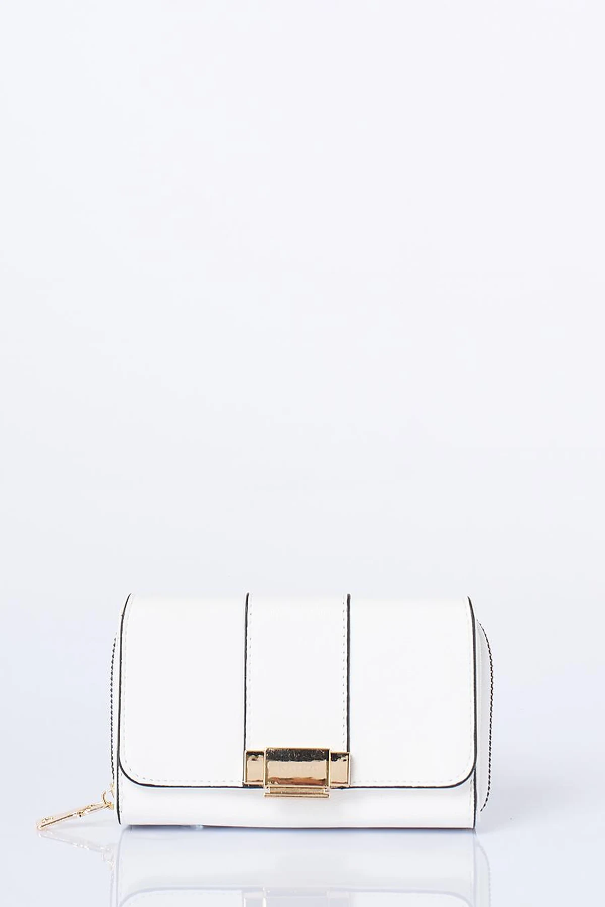 Gold Zippered Wallet with Buckle in Optic White