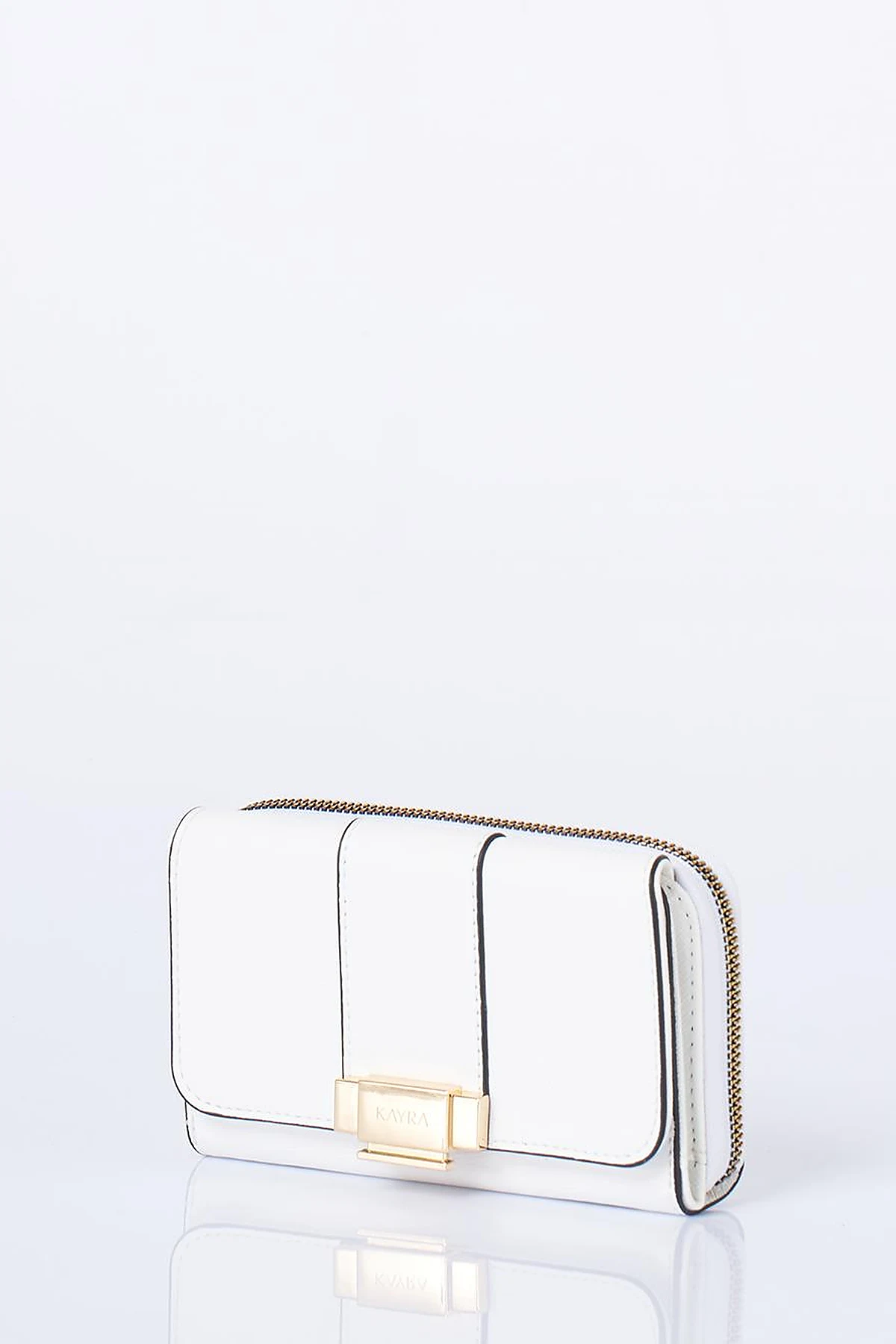 Gold Zippered Wallet with Buckle in Optic White
