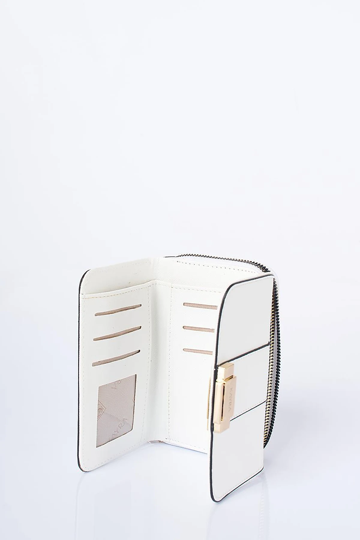 Gold Zippered Wallet with Buckle in Optic White