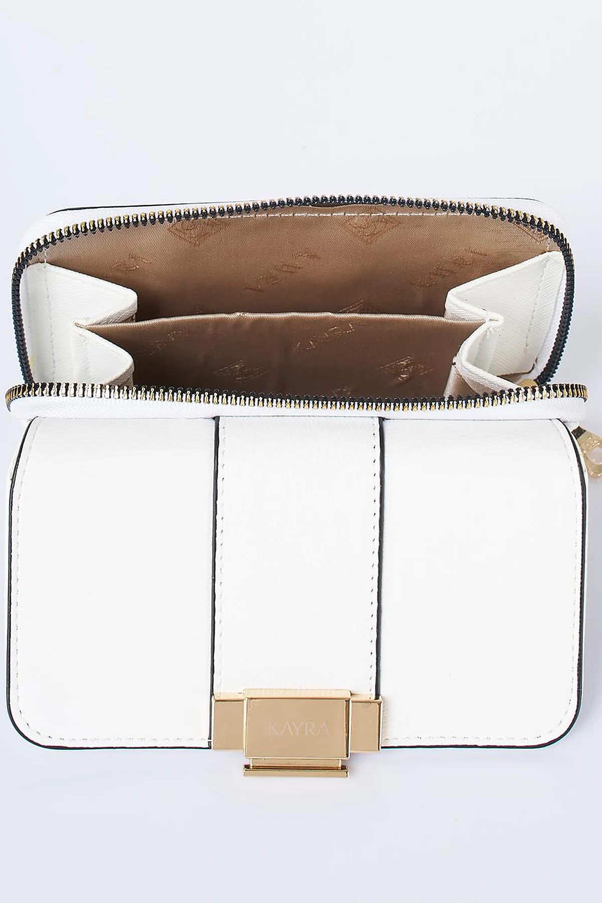 Gold Zippered Wallet with Buckle in Optic White