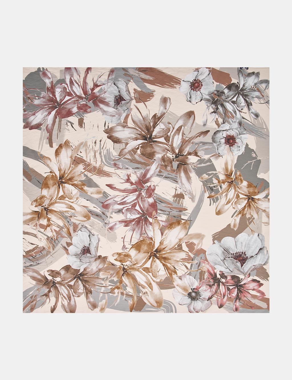 Karışık Çiçek Desenli Viskon Eşarp Krem