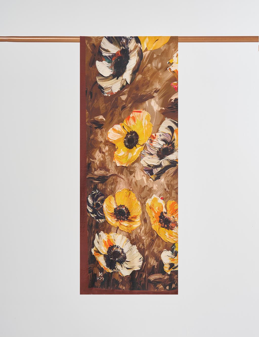 Floral Desen Viskon Şal Koyu Kahve 