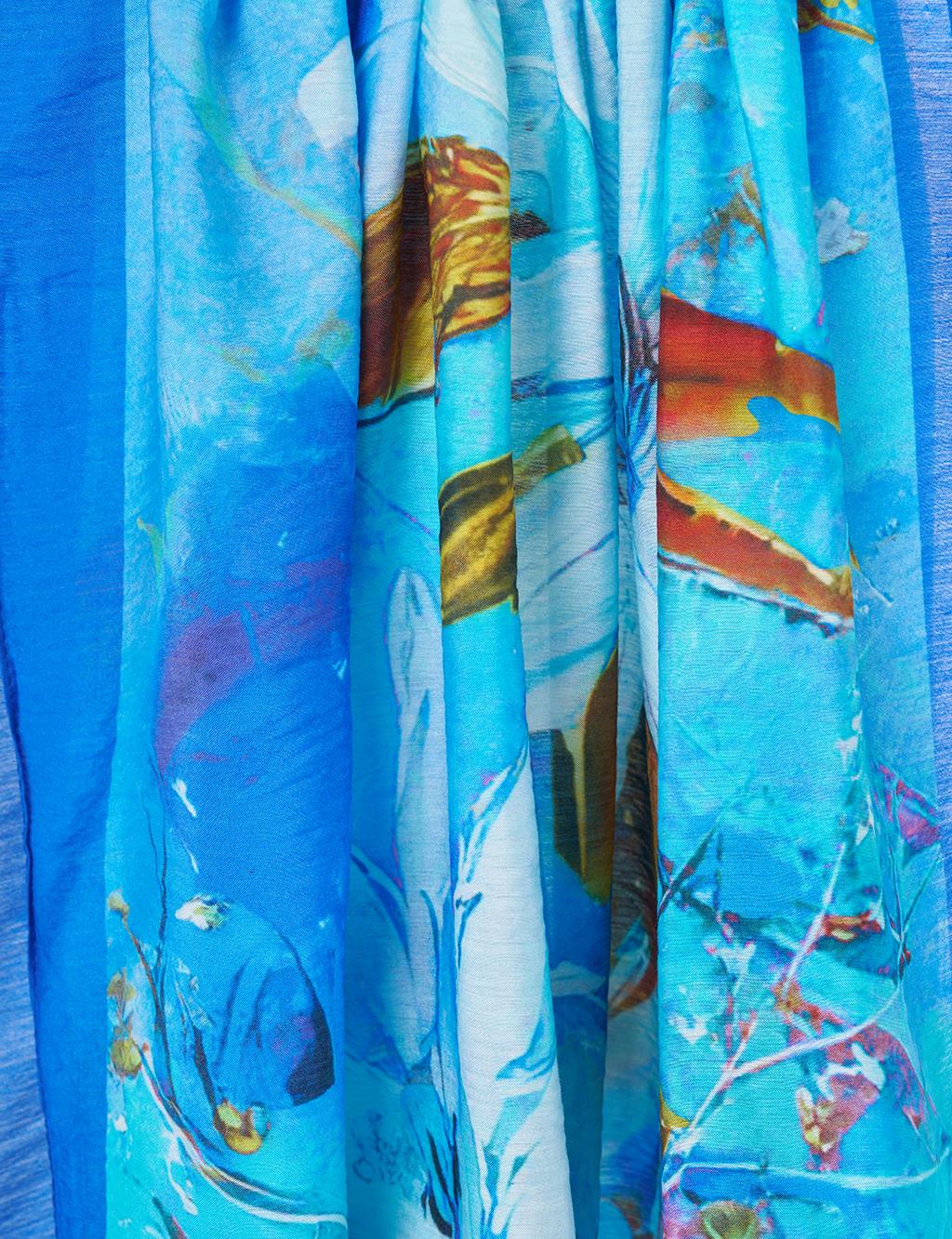 Çiçek Desen Viskon Şal İndigo 