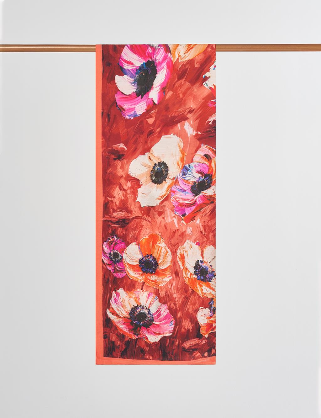 Floral Desen Viskon Şal Nar Çiçeği