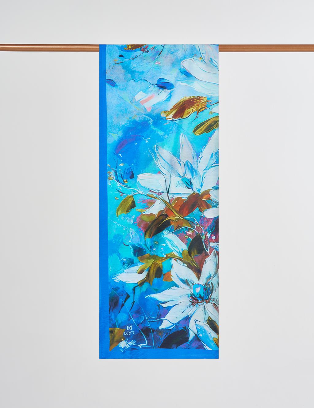 Çiçek Desen Viskon Şal İndigo 