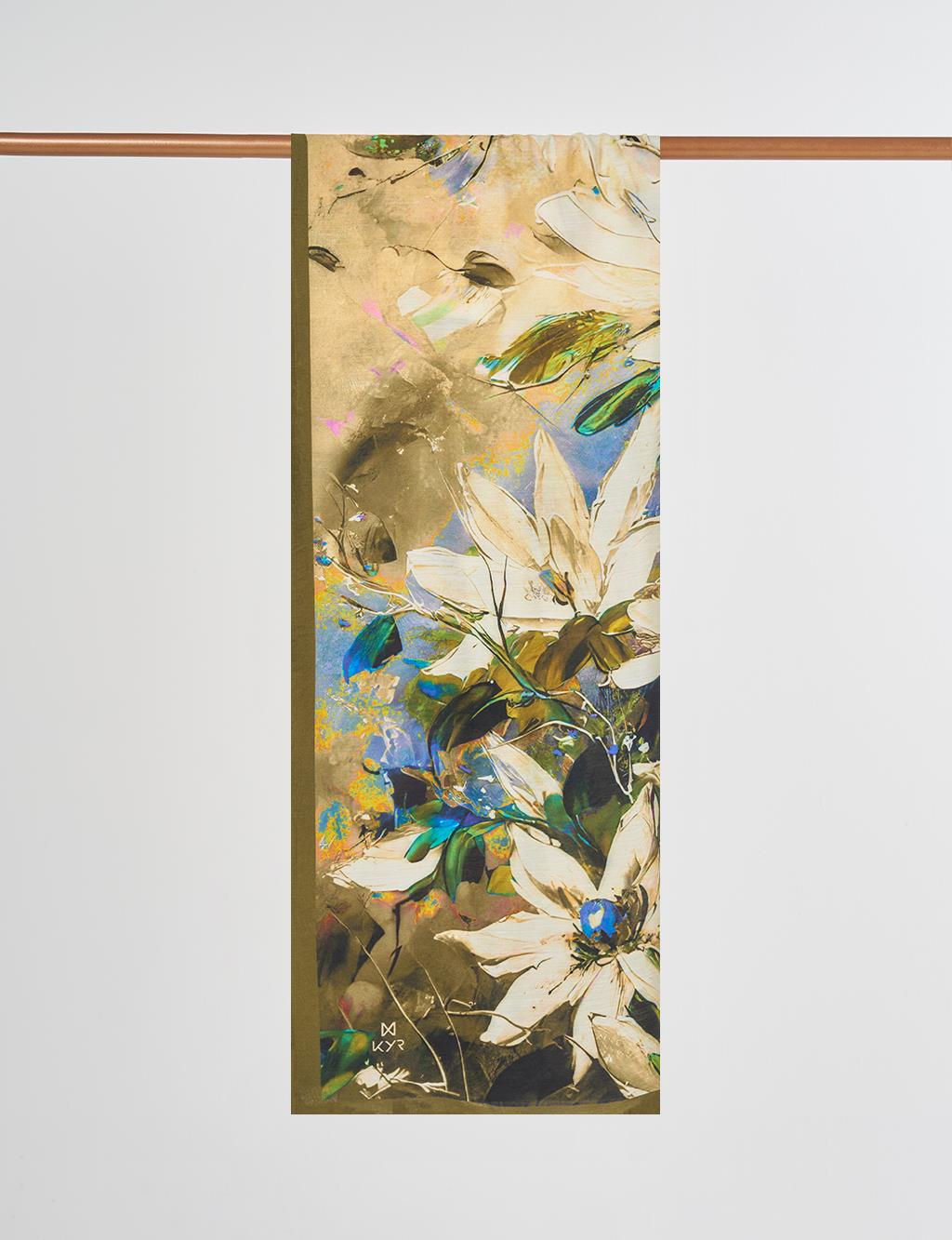 Çiçek Desen Viskon Şal Haki