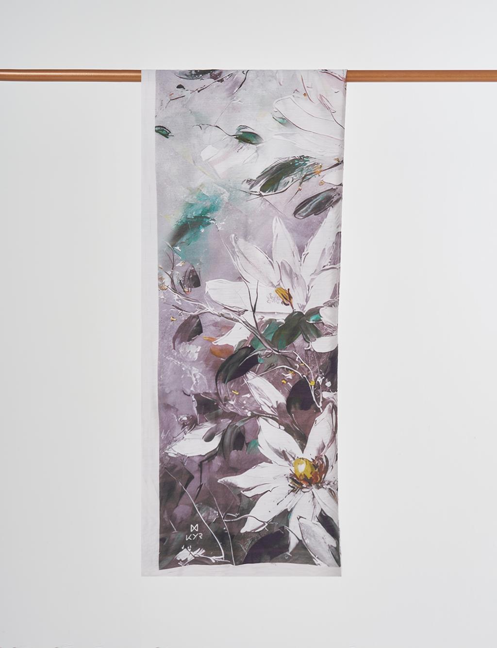 Çiçek Desen Viskon Şal Gri