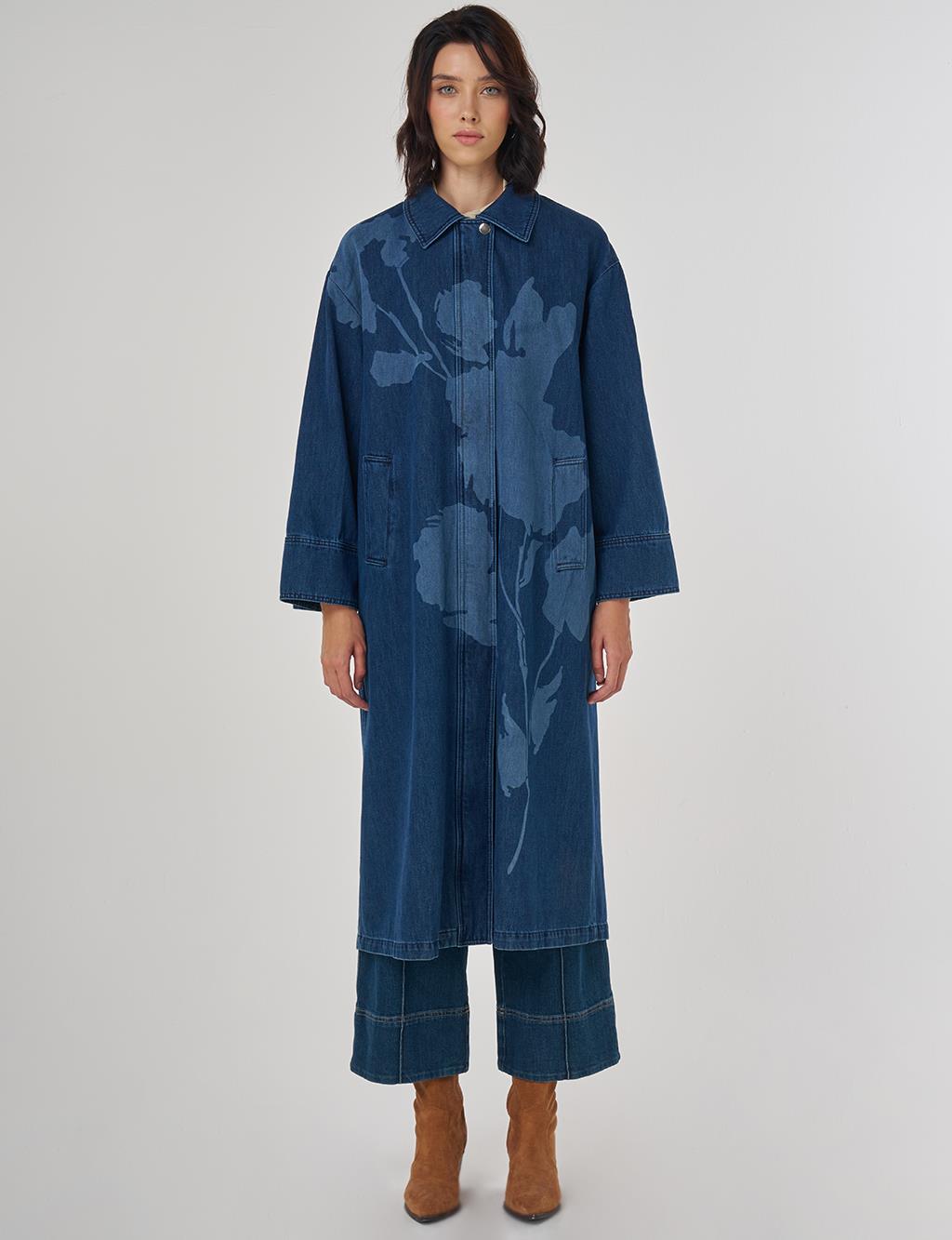 Laser Printed Denim Trench Coat Navy