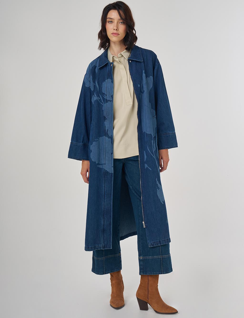 Laser Printed Denim Trench Coat Navy
