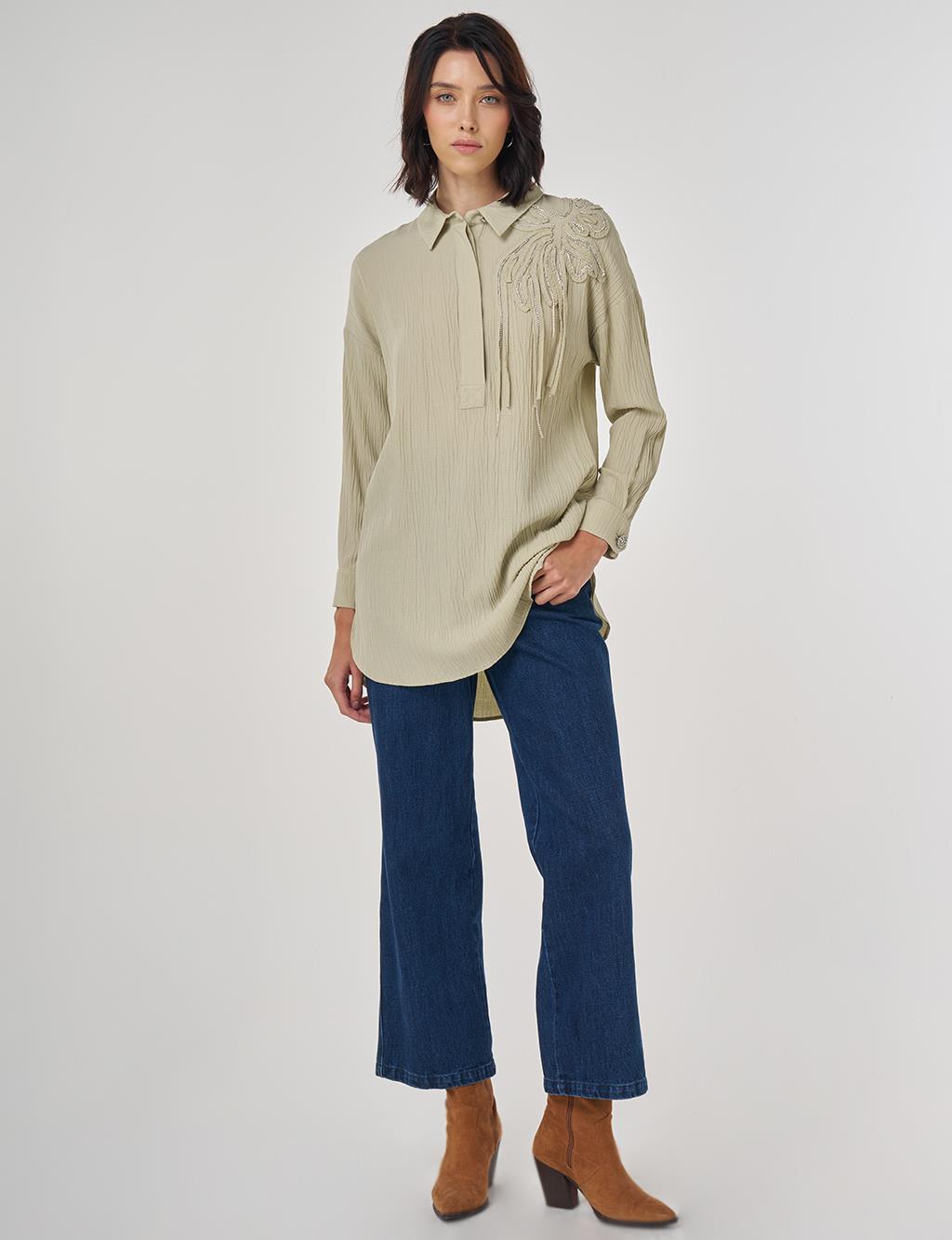 Embroidered Appliqué Viscose Tunic Moss Green