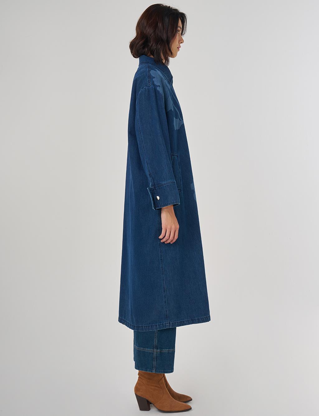 Laser Printed Denim Trench Coat Navy