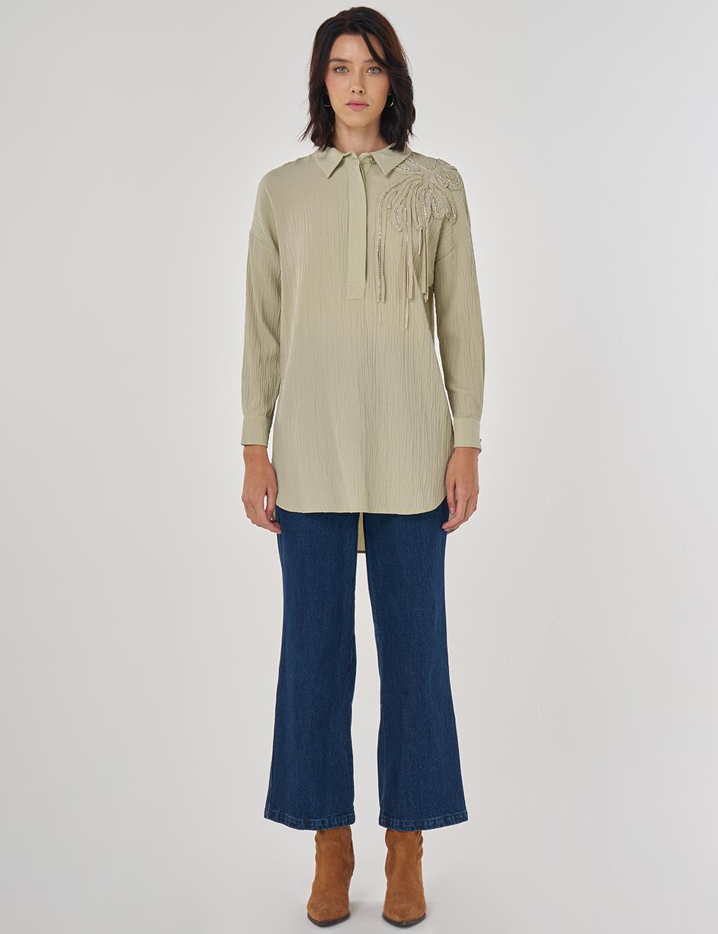 Embroidered Appliqué Viscose Tunic Moss Green