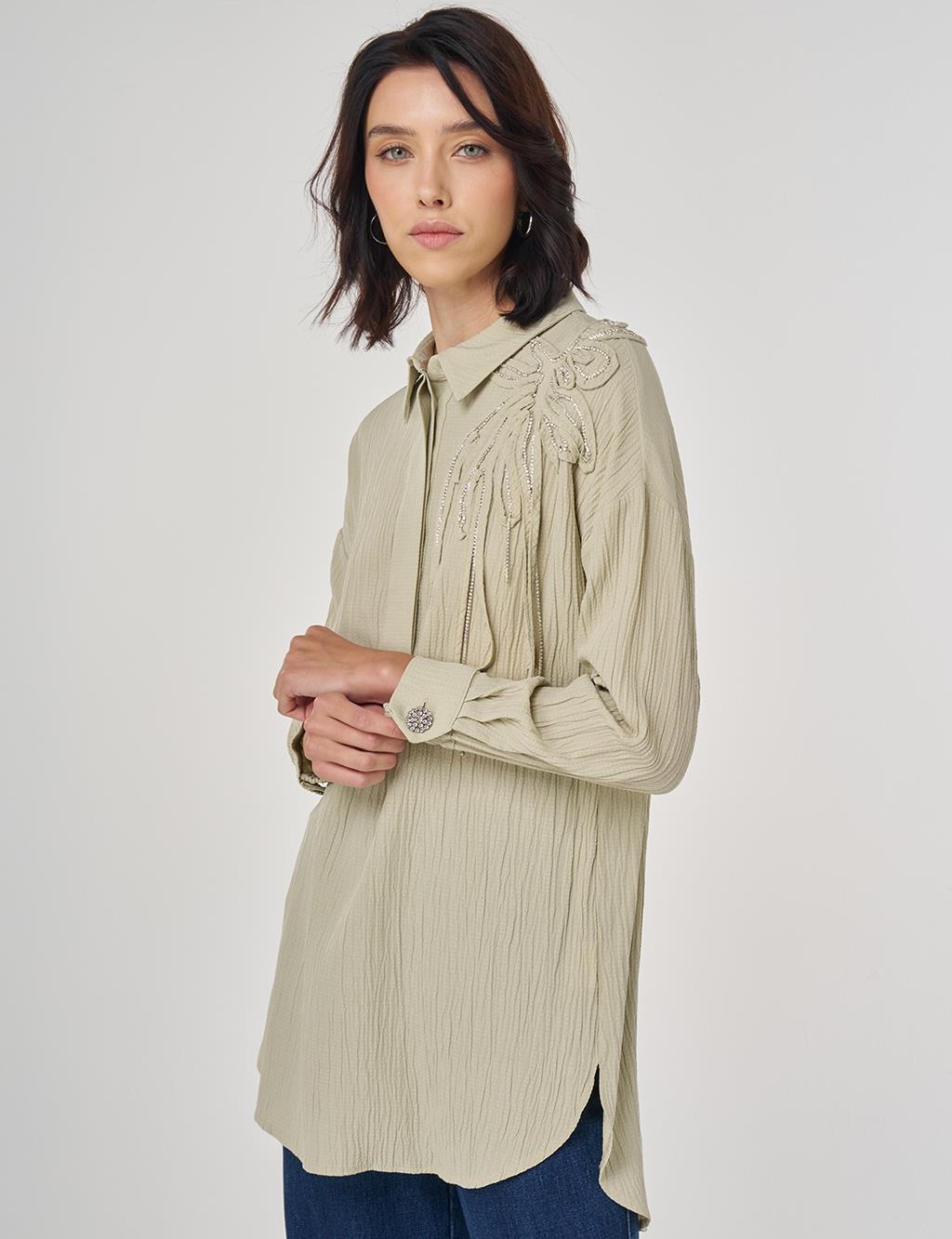 Embroidered Appliqué Viscose Tunic Moss Green