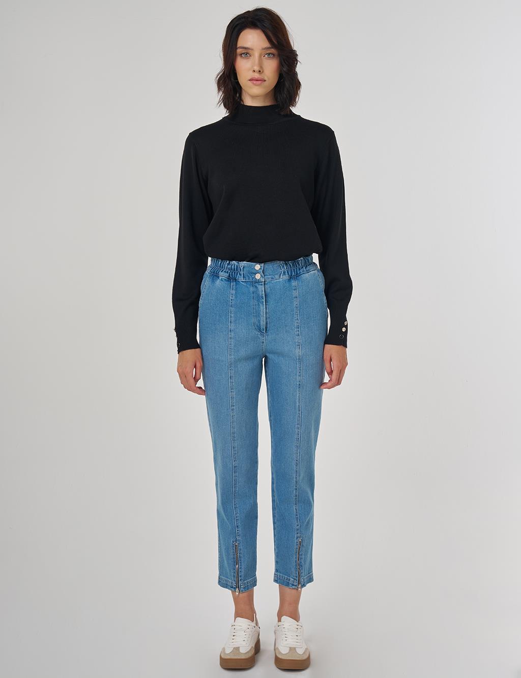 Fermuar Detaylı Denim Pantolon Mavi