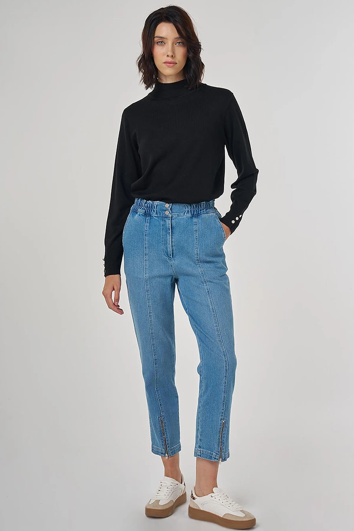 Fermuar Detaylı Denim Pantolon Mavi
