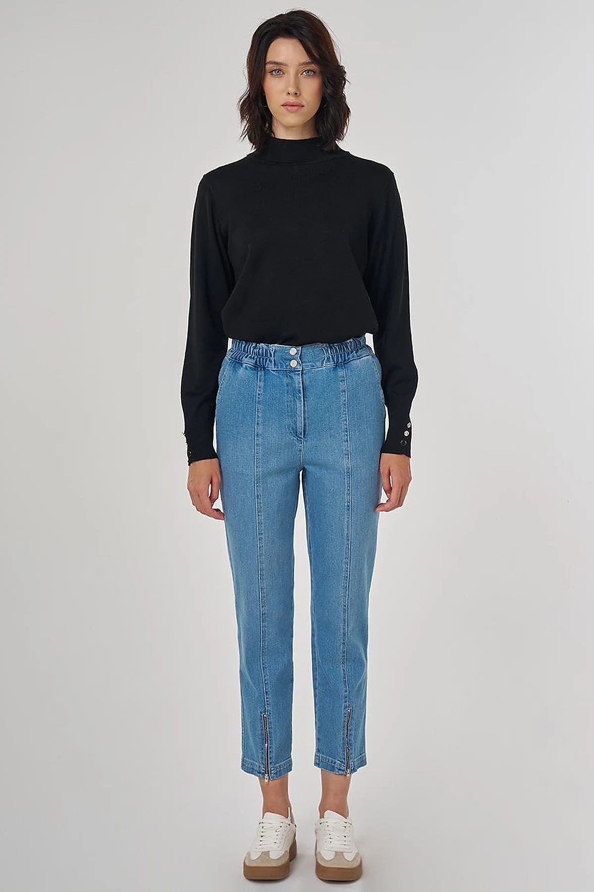 Fermuar Detaylı Denim Pantolon Mavi