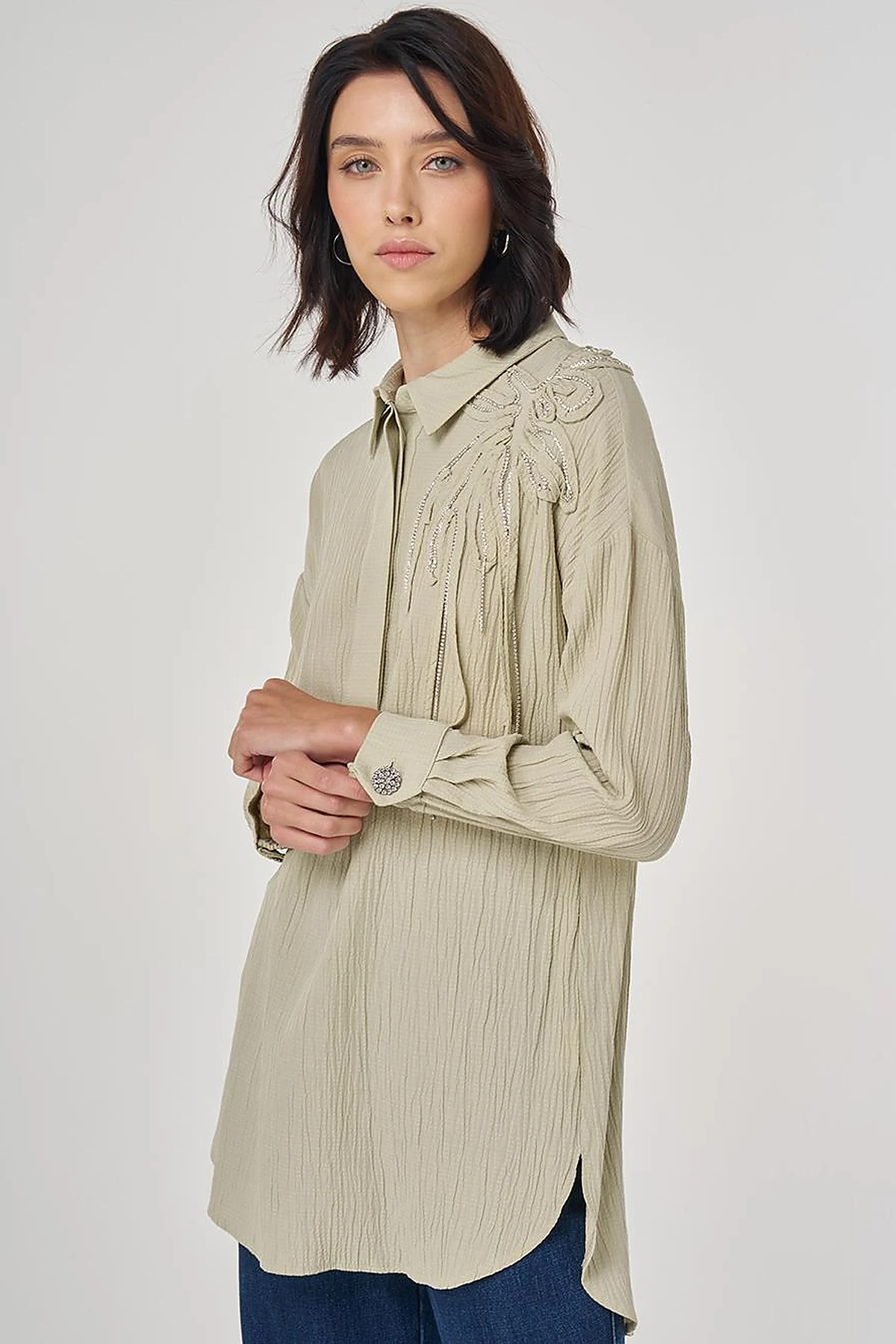 Embroidered Appliqué Viscose Tunic Moss Green