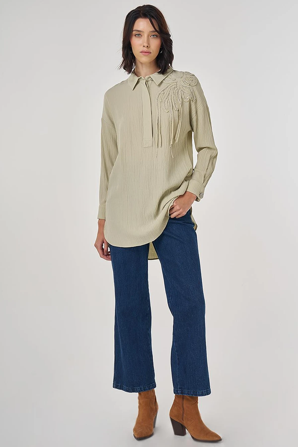 Embroidered Appliqué Viscose Tunic Moss Green