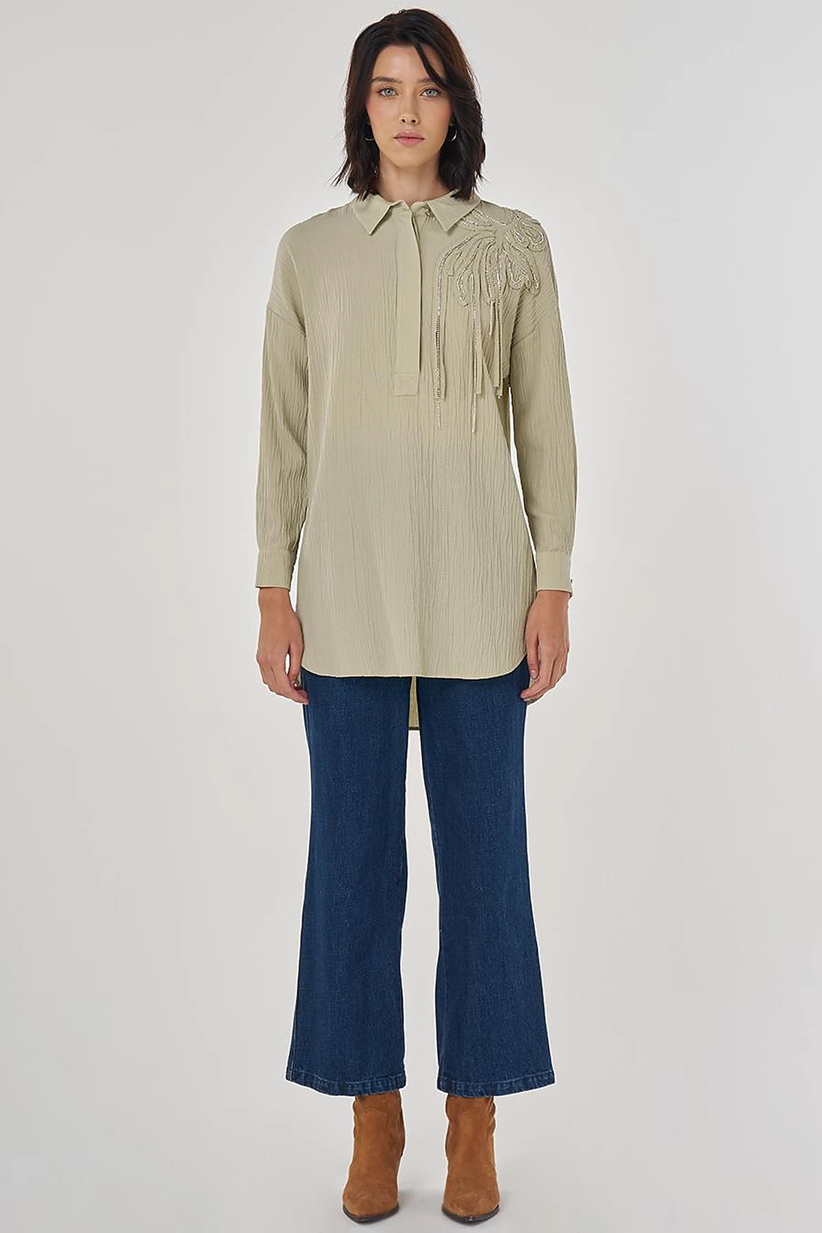 Embroidered Appliqué Viscose Tunic Moss Green