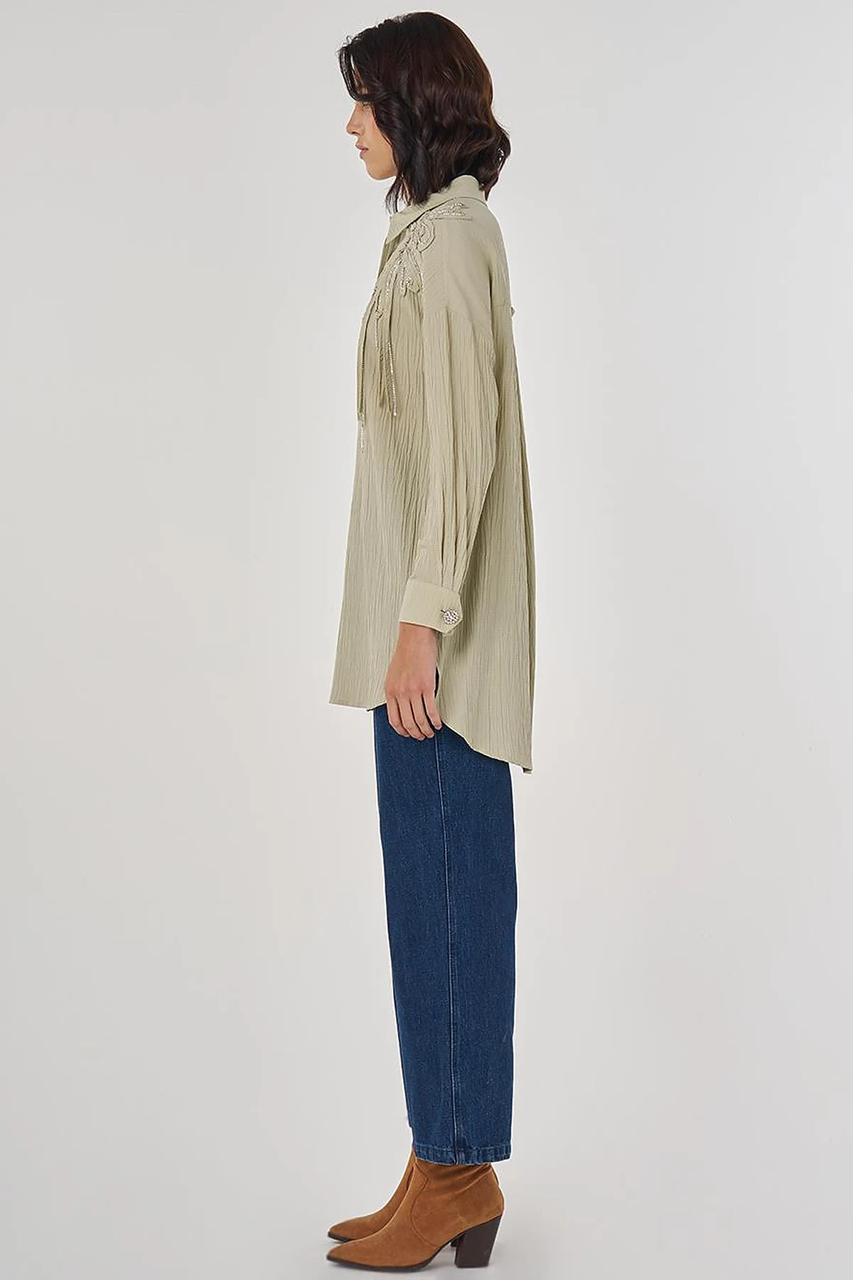 Embroidered Appliqué Viscose Tunic Moss Green
