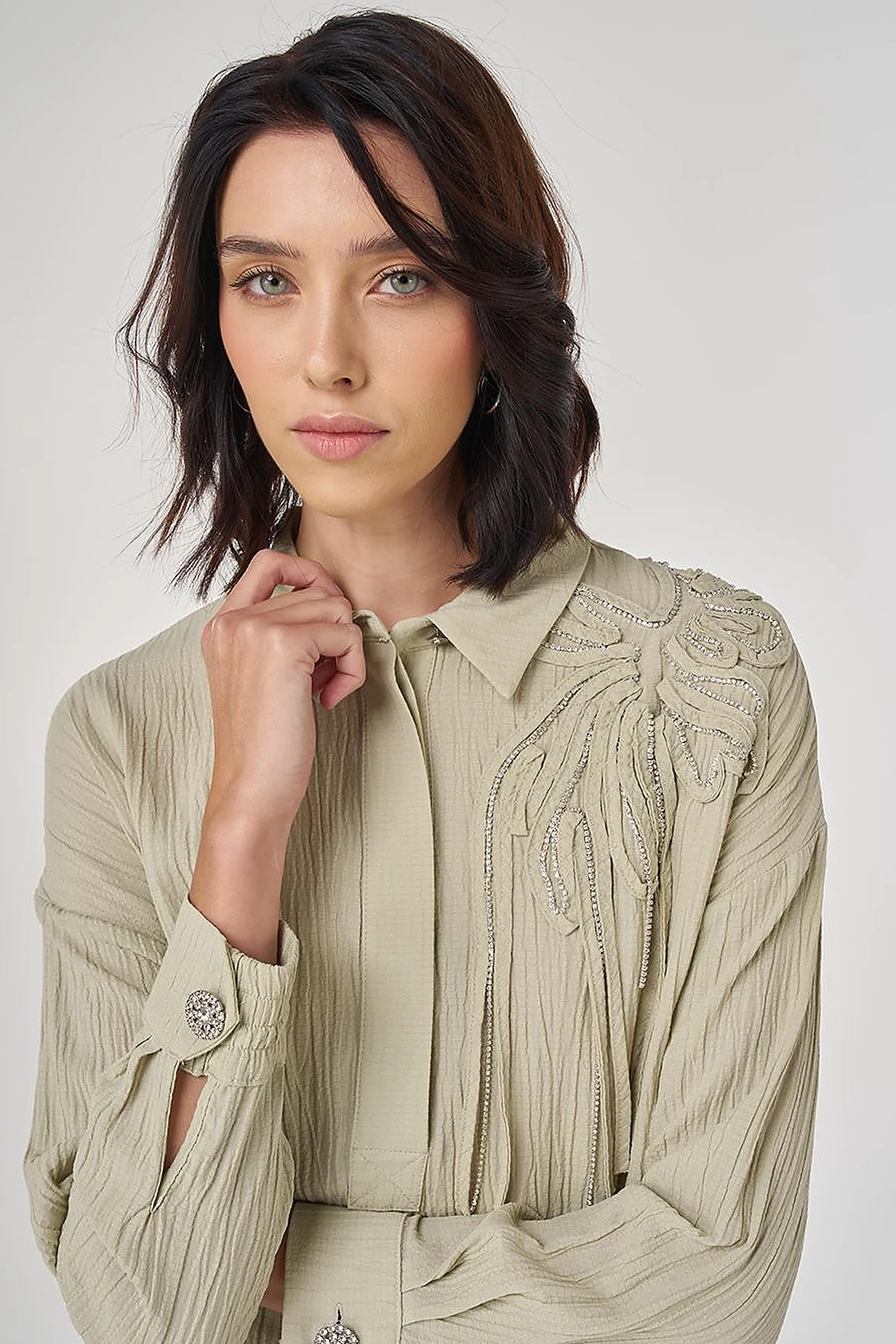 Embroidered Appliqué Viscose Tunic Moss Green